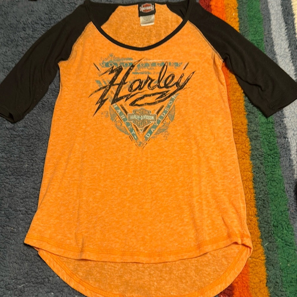Harley Davidson 3/4 sleeve orange shirt size small